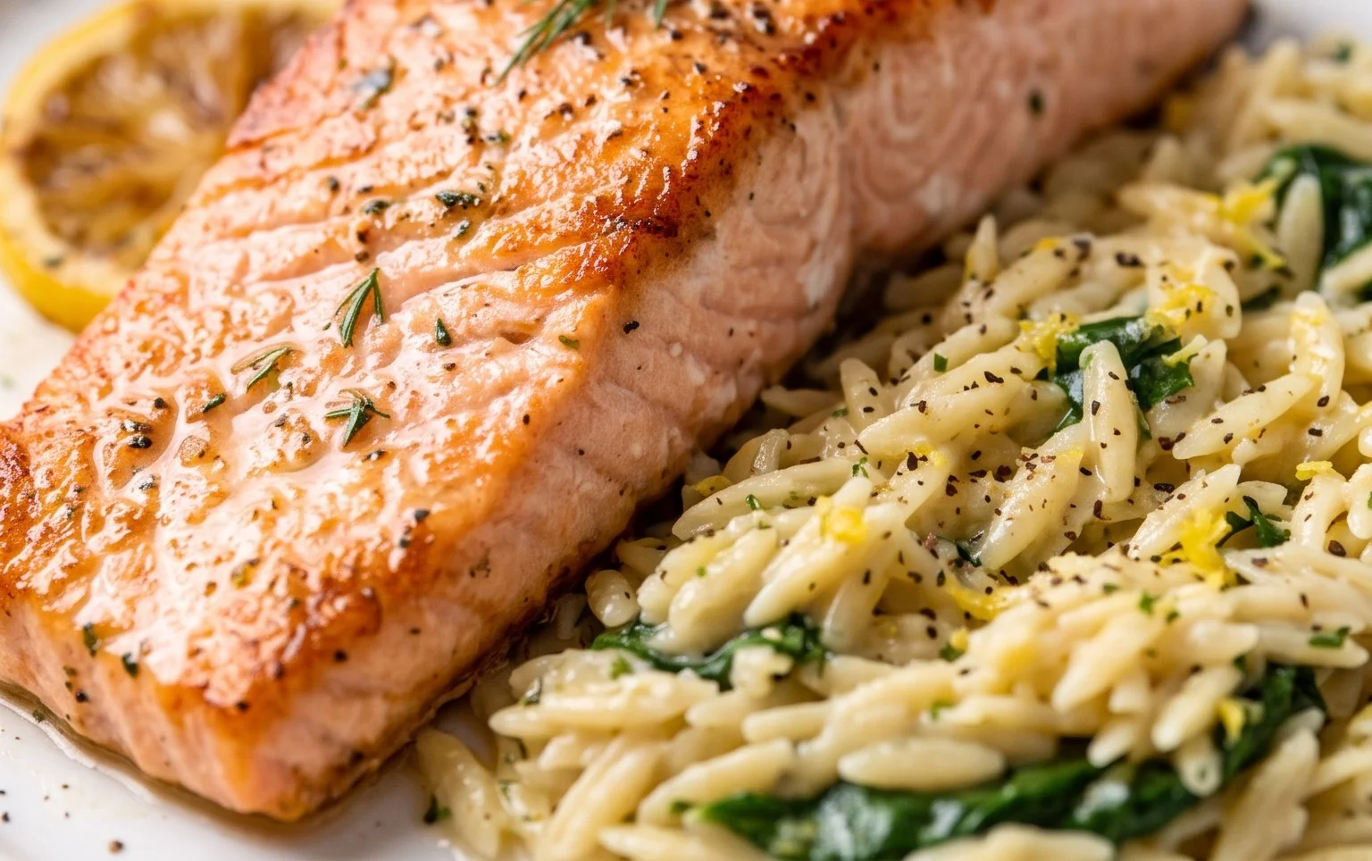 One Skillet Salmon with Lemon Orzo