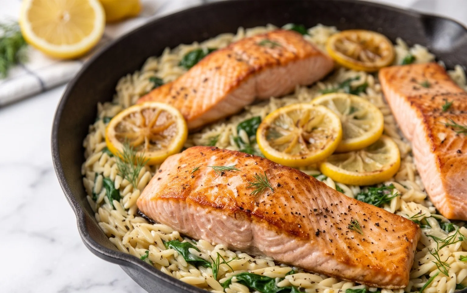 One Skillet Salmon met Citroen Orzo